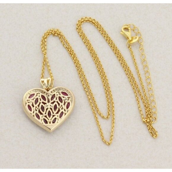 Gold Over Sterling Silver Simulated Ruby & White Topaz Heart Necklace 20" to 22" - Picture 7 of 7